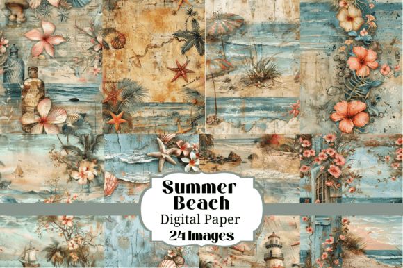 24 Summer Beach Junk Journal Backgrounds: Coastal Paper Designs