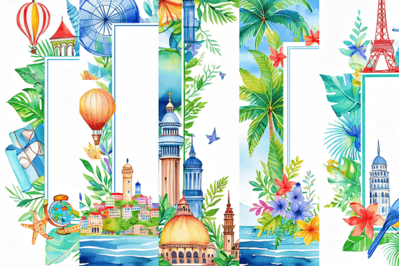 Embark on a Watercolor Journey: Travel Theme Frame Backgrounds