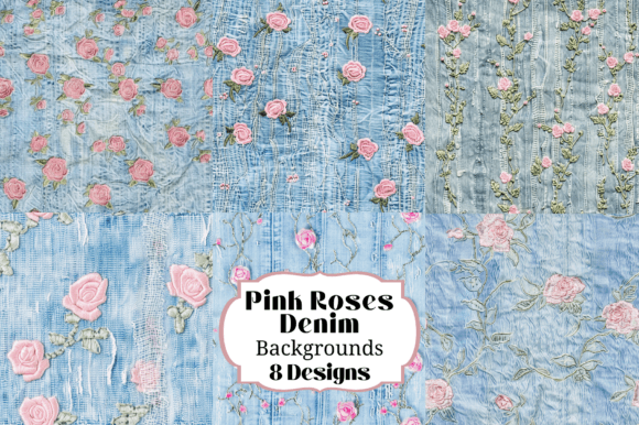 Stunning 8 Pink Roses Denim Seamless Backgrounds for Crafters