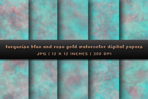 Turquoise Blue and Rose Gold Watercolor Digital Papers