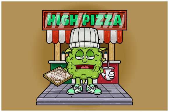 Weedbud Holding Pizza with Backgrounds: More Than Just a Mascot